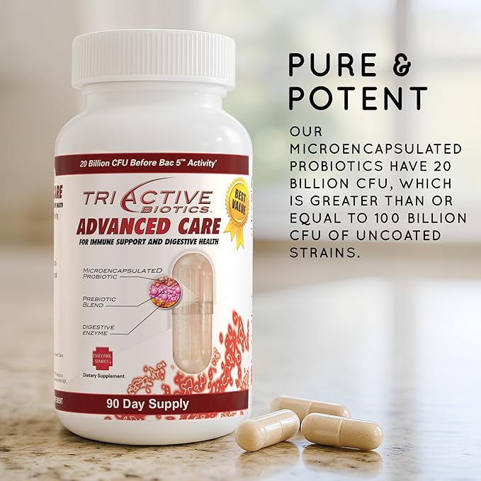 TriActive Biotics Advanced Care - 20 Billion CFU Probiotics for Digestive Health, Immune Support Supplement, Microencapsulated Probiotics for Women & Men, 90 Ct Capsules