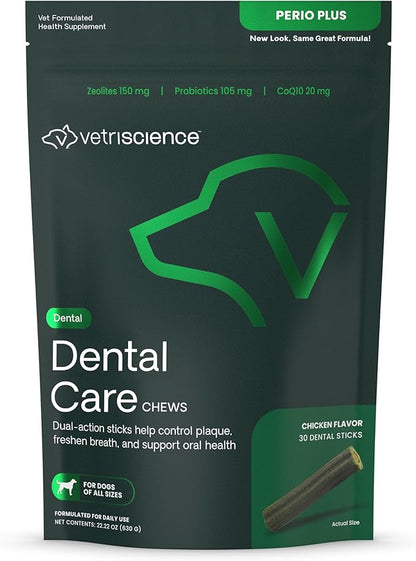 VetriScience Healthy Mouth Dental Chews, Perio Plus Sticks for Dogs, with Probiotics, Spirulina & Zeolites, Breath Freshening, Plaque & Tartar Control, Chicken, 30 Count