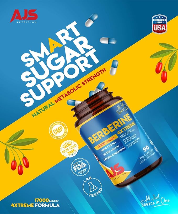AJS Berberine Supplement with Ceylon Cinnamon & Ginkgo Biloba - Blood Sugar Support Supplement, High Potency Berberine HCl 400mg + Bitter Melon Extract, 90 Capsules, 45 Days Supply