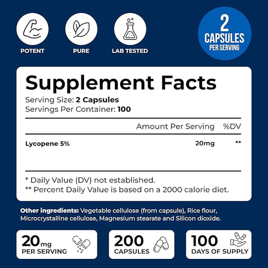 We Like Vitamins Lycopene Supplements for Men & Women - Lycopene 20mg Per Serving - 200 Capsules - Super Antioxidant which Helps Support Immune System and Prostate Health