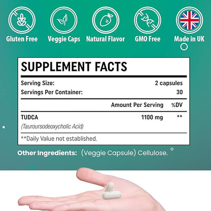 TUDCA 1100mg-Liver Support Supplement for Detox Cleanse, Water-Soluble Bile Salts with Strong Bitter Taste, 120 Vegan Capsules,Non-GMO,Gluten-Free