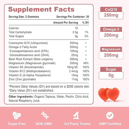 2 Pack CoQ10 Gummies 250 mg, Plus Omega-3, Magnesium, Vitamin B12 for Cellular Energy, Brain & Antioxidant, 5X Better Absorption Coenzyme Q10 Supplement, Raspberry Flavored Gummies - 120 Cts