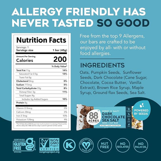 88 Acres Granola Bars | Dark Chocolate Sea Salt | Gluten Free, Nut-Free Oat and Seed Snack Bar | Vegan & Non GMO | 12 Pack