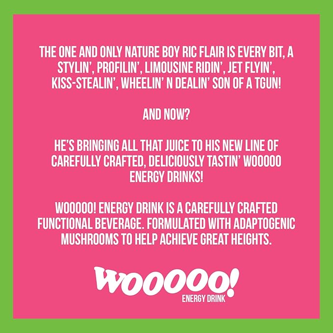 Wooooo! Energy Ric Flair Sparkling Adaptogenic Mushroom Energy Drink | Natural Antioxidants & Nootropics | Lion’s Mane & Cordyceps | 150mg Caffeine | 12 Pack (Dragon Fruit)