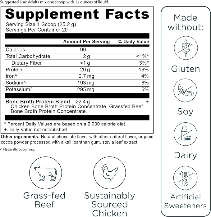 Ancient Nutrition Protein Powder Made from Real Bone Broth, Chocolate, 20g Protein Per Serving, 20 Serving Tub, Gluten Free Hydrolyzed Collagen Peptides Supplement, Great in Protein Shakes
