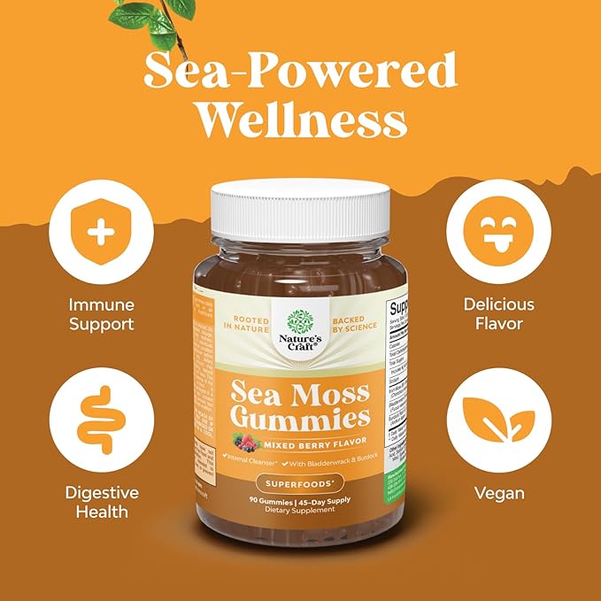 Natures Craft Irish Sea Moss Gummies for Women, Men & Kids - Immune Support Supplement with Irish Sea Moss, Bladderwrack & Burdock Root - Detox Gummies for Body Cleanse - 90 Chewable Gums