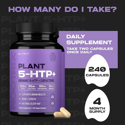 Organic Plant 5 HTP+ Supplement | Supports Memory, Mental Focus, Cognitive Health & Energy | Promotes Healthy Mood & Brain Function | Vitamin B6 & L Theanine | 240 Capsules