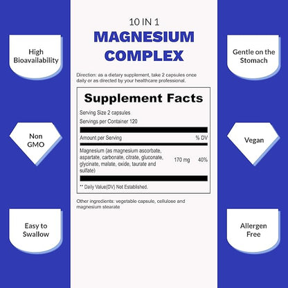 UpNourish Magnesium Supplement - 10 in 1 Magnesium Complex - Full Spectrum Magnesium Mineral Supplements with Glycinate, Citrate, Taurate, Malate, Carbonate, Oxide and More, 240 Vegan Capsules