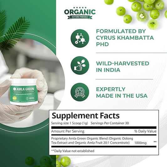 Amla Powder & Decaf Green Tea Superfood Supplement, 20x Ultra Concentrated Amla, Antioxidant Support, Made with Oolong Tea and Indian Gooseberries, Organic, Vegan, Decaf, 30 Servings