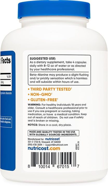 Nutricost Beta-Alanine Capsules 3400mg, 240 Caps (2 Pack) - Potent Beta Alanine, Gluten Free & Non-GMO, 850mg Per Cap, 60 Serv Per Bottle