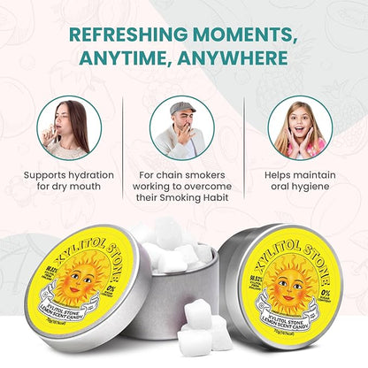 Xylitol Stone Sugar Free Candy - Vegan & Keto Friendly Unique Hard Candy Sugar-Free - 100% Natural Flavor Candies - Gluten Free & Non-GMO Breath Freshener Low Calorie Mints - Lemon (Pack of 2)
