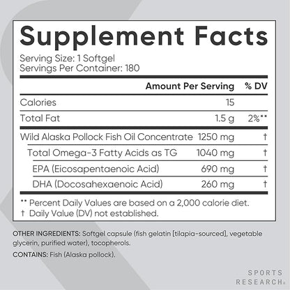 Sports Research Triple Strength Omega 3 Fish Oil - Burpless Fish Oil Supplement w/EPA & DHA Fatty Acids from Single-Source Wild Alaskan Pollock - 1250 mg, 180 ct