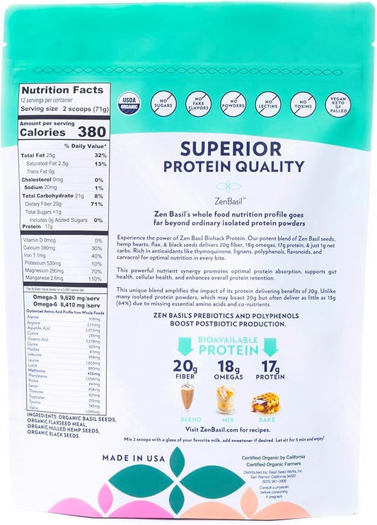 ZenBasil Biohack Protein Seeds, Flaxseed Meal, Hemp Hearts, Black Seeds | 20g Fiber, 18g omegas, 17g Protein | USDA Organic