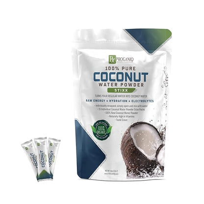 X PROGANIQ Coconut Water Powder Stixx - Pure Coconut Electrolyte Drink in Travel Size Packets - 15 Count - Turn Water into Coconut Water - Ideal for On-the-Go Hydration - Easy, Portable and Refreshing