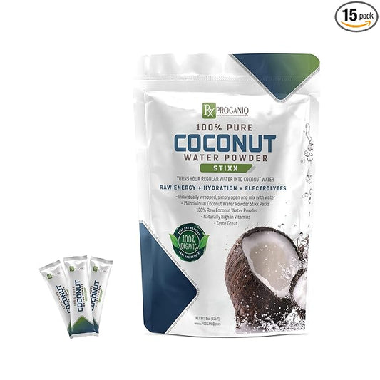 X PROGANIQ Coconut Water Powder Stixx - Pure Coconut Electrolyte Drink in Travel Size Packets - 15 Count - Turn Water into Coconut Water - Ideal for On-the-Go Hydration - Easy, Portable and Refreshing