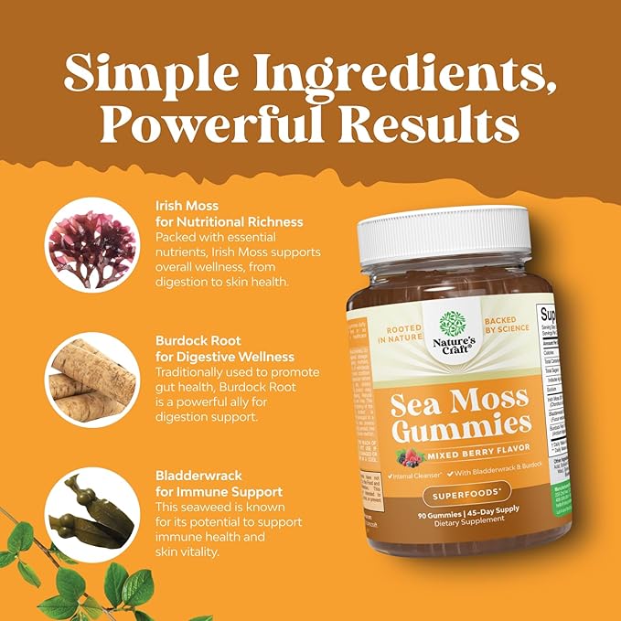 Natures Craft Irish Sea Moss Gummies for Women, Men & Kids - Immune Support Supplement with Irish Sea Moss, Bladderwrack & Burdock Root - Detox Gummies for Body Cleanse - 90 Chewable Gums