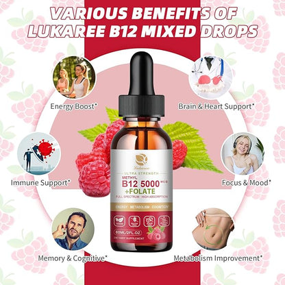 Vitamin B12 Sublingual Drops Vegan B12 Vitamins Liquid-Full Spectrum-Methylcobalamin, Adenosyl & Hydroxy B12, for Energy, Focus, Mood & Immune Support- 2 Month Supply, 2 fl oz