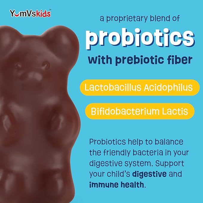 YumVs Probiotics for Kids with Prebiotic Fiber Sugar Free Chocolate Chewable Supplements - Dietary Supplement Chewables for Digestive Health - Toddlers, Kids & Teens 60 Count