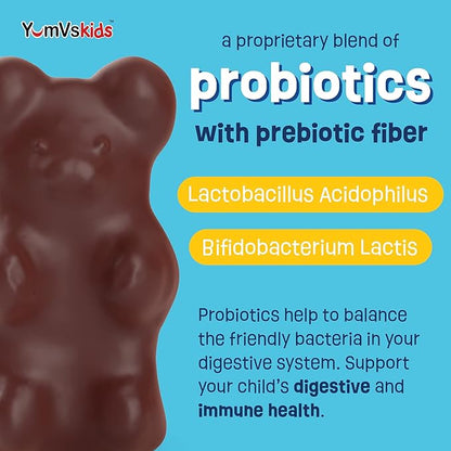YumVs Probiotics for Kids with Prebiotic Fiber Sugar Free Chocolate Chewable Supplements - Dietary Supplement Chewables for Digestive Health - Toddlers, Kids & Teens 60 Count