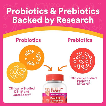 SmartyPants Kids Probiotic & Prebiotic Gummies for Digestive Health: Gut Health Supplement, Clinically Studied Prebiotic for Immune Support, Grape, 60 Count (30 Day Supply)