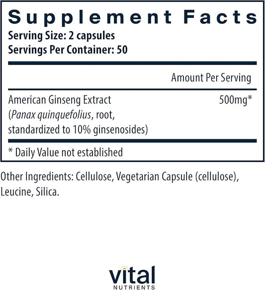 Vital Nutrients - American Ginseng - Energy Support - Mental and Physical Endurance - 100 Vegetarian Capsules per Bottle - 250 mg