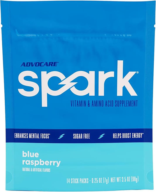 AdvoCare Spark Vitamin & Amino Acid Supplement - Focus & Energy Drink Powder Mix with Vitamin A, B-6, C & E - Also Includes L-Carnitine & L-Tyrosine - Blue Raspberry, 14 Stick Packs