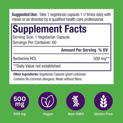 Paradise Herbs, Berberine Extract, 500 mg, Pure & Potent Berberine Supplement, Vegan, Non-GMO, Gluten Free, 60 Vegetarian Capsules