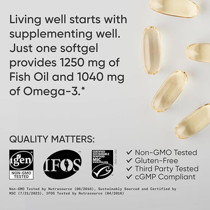 Sports Research Triple Strength Omega 3 Fish Oil - Burpless Fish Oil Supplement w/EPA & DHA Fatty Acids from Single-Source Wild Alaskan Pollock - 1250 mg, 180 ct