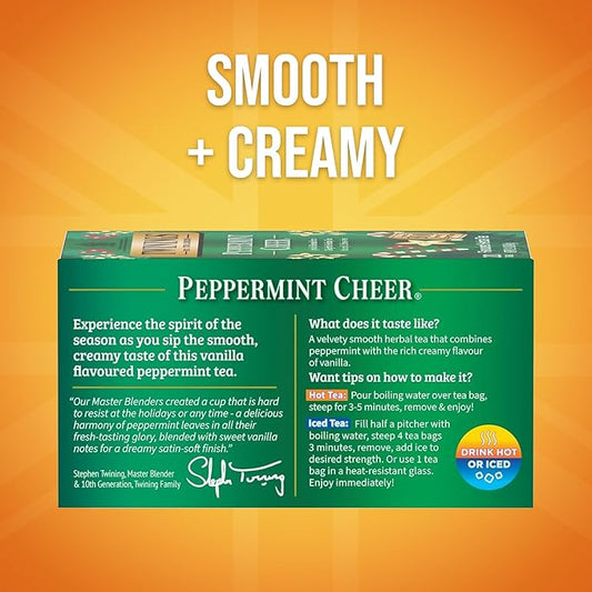 Twinings Peppermint Cheer Herbal Tea Individually Wrapped Bags, 20 Count (Pack of 6), Naturally Caffeine-Free, Peppermint & Vanilla, Enjoy Hot or Iced