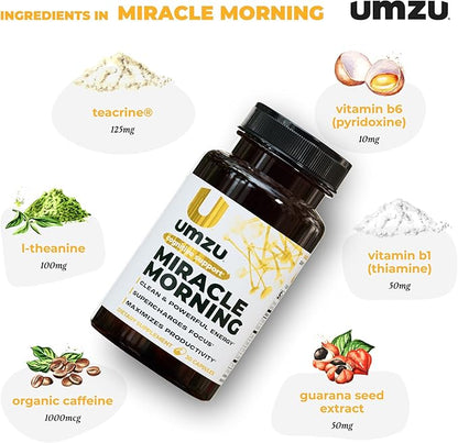 UMZU Miracle Morning Energy Supplement with Caffeine & Energy Enhancers | 150mg of Caffeine Supports All Day Focus, Productivity & Mood (30 Day Supply | 30 Capsules)