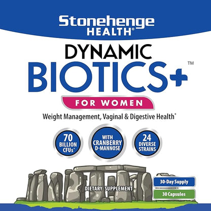 Stonehenge Health Probiotics 70 Billion CFU + 24 Strains, Prebiotic, Dynamic Biotics+ for Women, New Formula for Weight Management, Digestive & Vaginal Support, Delayed Release Shelf Stable Non-GMO