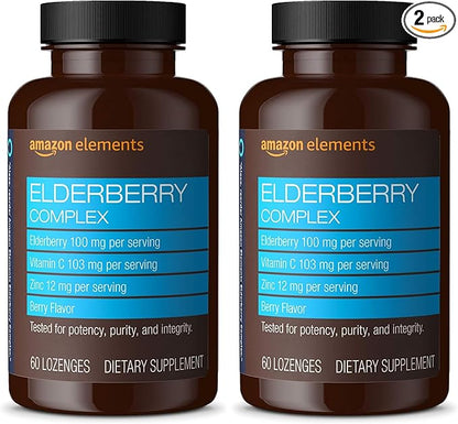 Amazon Elements Elderberry Complex Berry Flavored Immune System Support Lozenges, Adult, 60 Count, (Packaging May Vary) (Pack of 2)