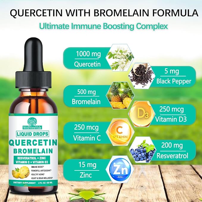 2 Pack Quercetin with Bromelain Liquid Drops, 4X Stronger Than Capsules & Pills, 7-in-1 Organic Zinc Quercetin 1000mg with Bromelain 500mg Vitamin C D3 for Immune Respiratory Health & Antioxidant
