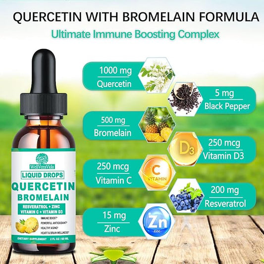 2 Pack Quercetin with Bromelain Liquid Drops, 4X Stronger Than Capsules & Pills, 7-in-1 Organic Zinc Quercetin 1000mg with Bromelain 500mg Vitamin C D3 for Immune Respiratory Health & Antioxidant
