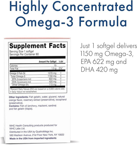 WHC, UnoCardio X2 Fish Oil, Triglyceride Omega-3 Fatty acids, 1270 mg Fish Oil Supplement (622 mg EPA / 420 mg DHA/Total 1150 mg of Omega-3 per Serving), Natural Orange, 60 softgels