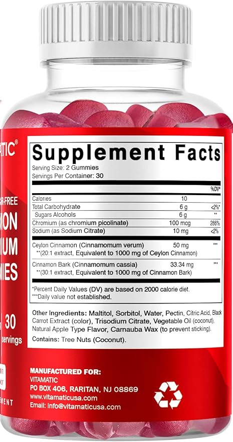 Vitamatic Sugar-Free Chromium Gummies with Ceylon Cinnamon – 2000 mg Equivalent Per Serving (from Extract 83 mg) – Non-GMO, Gluten-Free – 60 Vegan Gummies