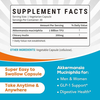 Akkermansia Probiotic GLP-1, 1 Billion TFU, Akkermansia Muciniphila with Prebiotic Inulin Fiber, Gut Health for Men & Women, Vegan, Non-GMO, 30 Caps