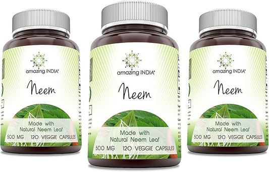 Amazing India Neem (Made with Natural Neem Leaf) 500 mg Veggie Capsules Supplement | Non-GMO | Gluten Free | Made in USA | Suitable for Vegetarians (120 | 3 Pack)