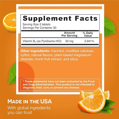 EZ Melts Dissolvable Vitamin B6 50 mg, Sugar-Free, 1-Month Supply
