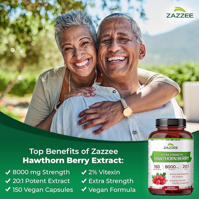 Zazzee Extra Strength Hawthorn Berry 20:1 Extract, 8000 mg Strength, 2% Vitexin, 150 Vegan Capsules, 5 Month Supply, Concentrated and Standardized Potent 20X Extract, Non-GMO and All-Natural
