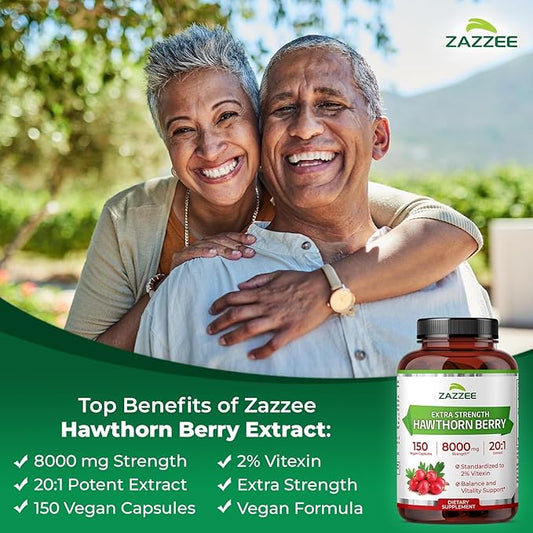 Zazzee Extra Strength Hawthorn Berry 20:1 Extract, 8000 mg Strength, 2% Vitexin, 150 Vegan Capsules, 5 Month Supply, Concentrated and Standardized Potent 20X Extract, Non-GMO and All-Natural