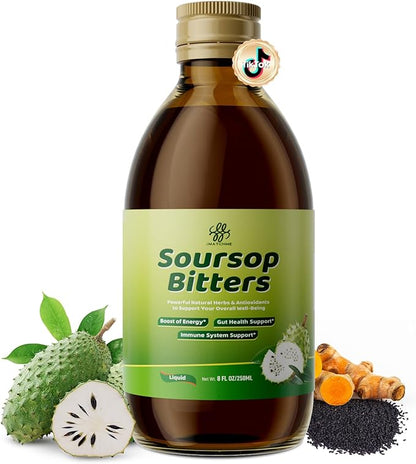 Soursop Bitters Liquid with Black Seed, Turmeric & Moringa-Pure 15 in 1 Herb Soursop Tea for Immune System, Digestive & Gut Health, Antioxidant,Skin Health Support 8 fl oz