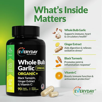 4-in-1 Organic Odorless Garlic with Black Turmeric Supplements, 1900 mg Organic Whole Bulb Garlic, Turmeric, Ginger Extract & Vitamin C (90 ct)