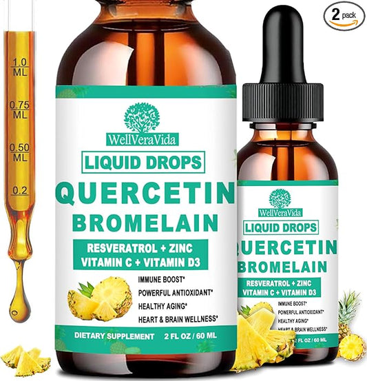2 Pack Quercetin with Bromelain Liquid Drops, 4X Stronger Than Capsules & Pills, 7-in-1 Organic Zinc Quercetin 1000mg with Bromelain 500mg Vitamin C D3 for Immune Respiratory Health & Antioxidant