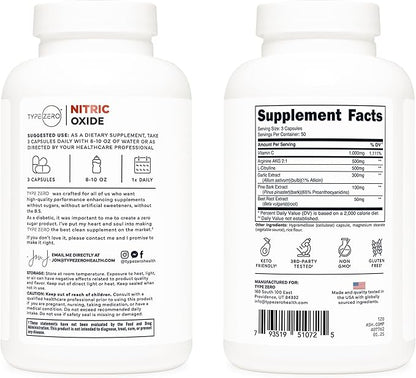 Type Zero Nitric Oxide 6X Booster, 150 Veggie Capsules - Natural Supplement - Beetroot, Arginine AKG, Citrulline, Pine Bark, Garlic & VIT C | Nitrous Oxide