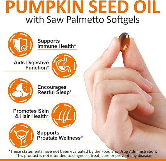 300PCS Pumpkin Seed Oil Capsules,2 in 1 Pumpkin Seed Oil with Saw Palmetto for Hair Growth, Skin Supplement, Support Prostate,Cold Pressed, Heart, | Non-GMO | Gluten Free