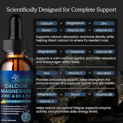 (1 Pack) Magnesium Calcium Zinc Supplement with Vitamin D3 K2 for Women, Magnesium Glycinate Vegan Liquid Drops for Adult Plus L-Theanine Boron Sea Moss Extract, Bone, Sleep & Leg Cramps, 1 Fl Oz