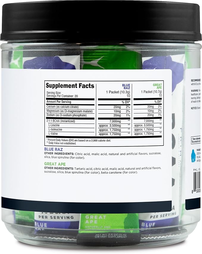 Primal BCAA Variety Pack, Blue Raspberry + Great Ape Green Apple Flavored (20 Stickpacks) - 7G BCAA per Serving, Branched Chain Amino Acids