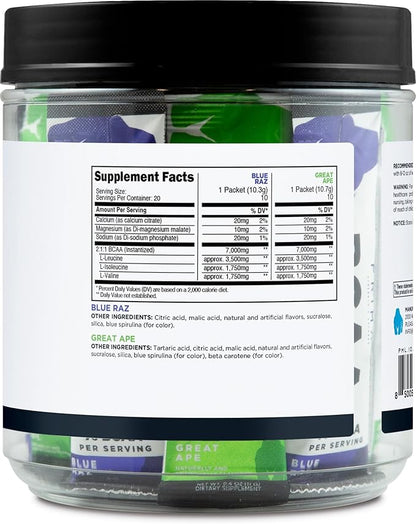 Primal BCAA Variety Pack, Blue Raspberry + Great Ape Green Apple Flavored (20 Stickpacks) - 7G BCAA per Serving, Branched Chain Amino Acids