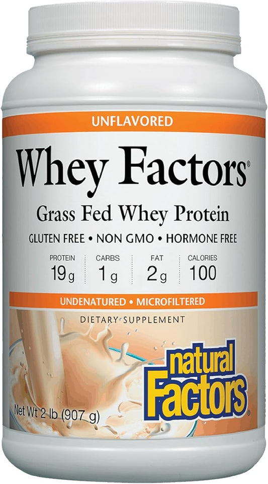 Whey Factors by Natural Factors, Grass Fed Whey Protein Concentrate, Aids Muscle Development and Immune Health, Unflavored, 2 lb